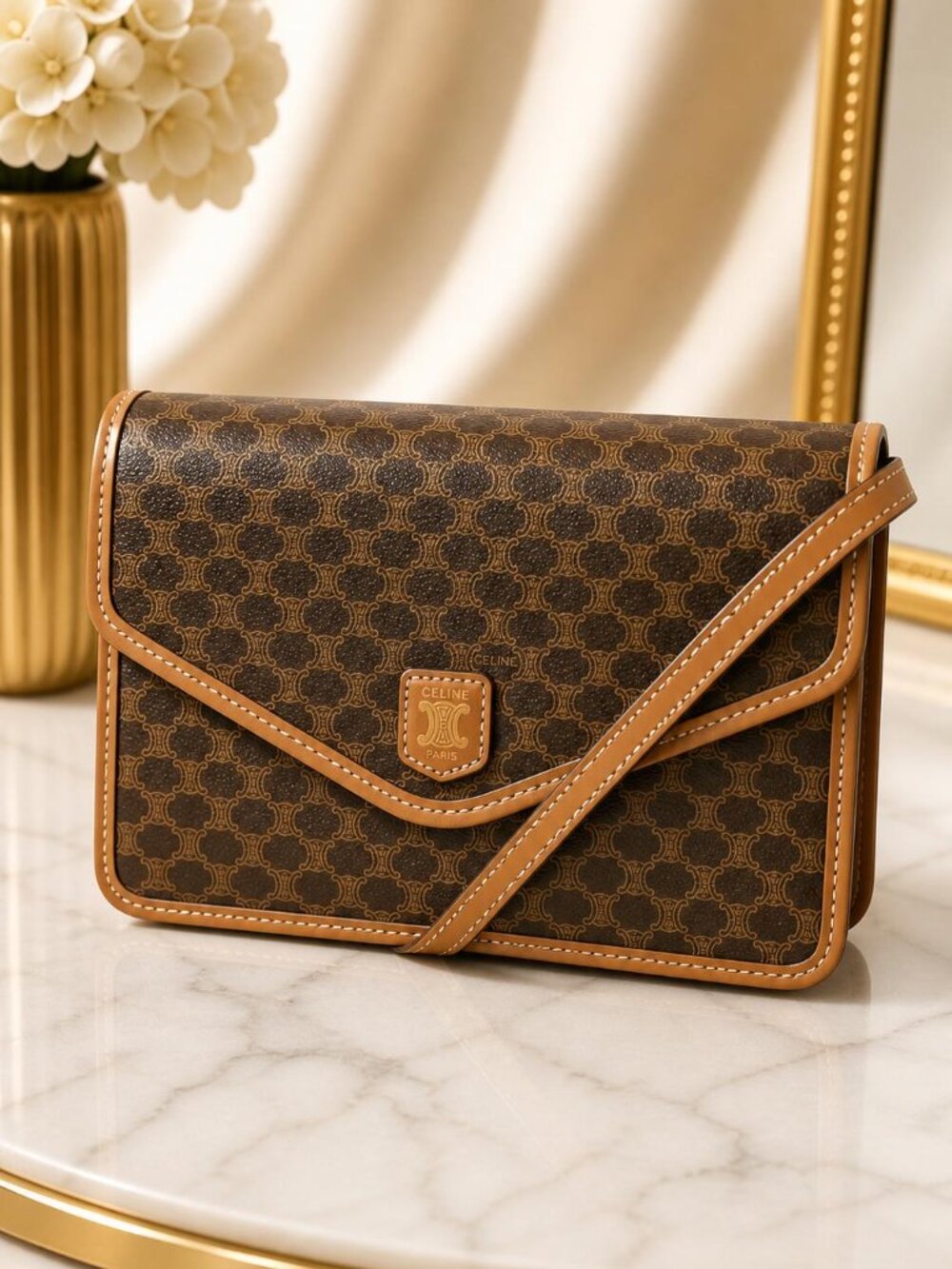 Authentic Vintage Celine Macadam Envelope Crossbody Bag Brown PVC Leather Trim - Picture 1 of 16